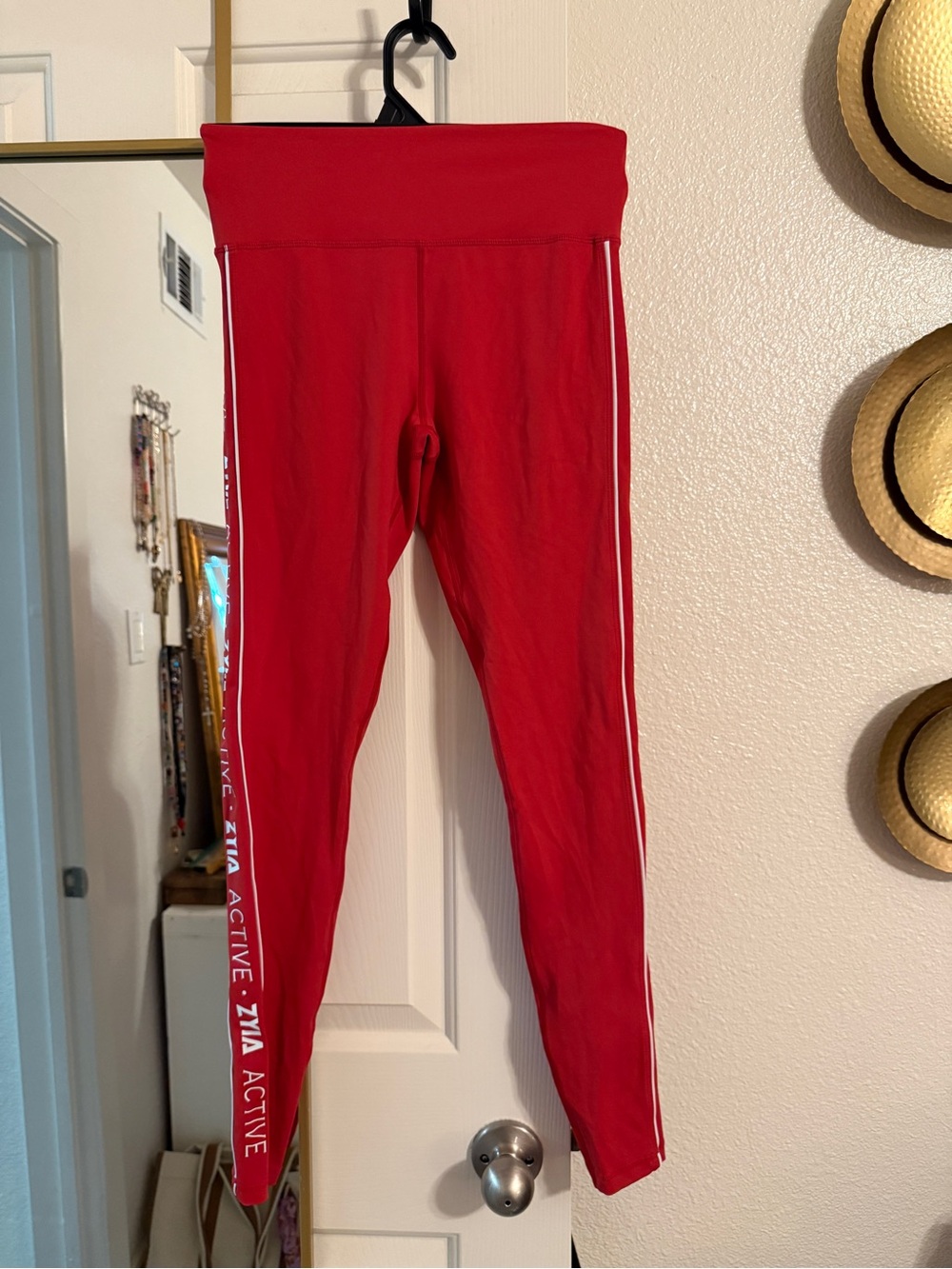 ZYIA Red High-Waist Leggings with White Side Stripes